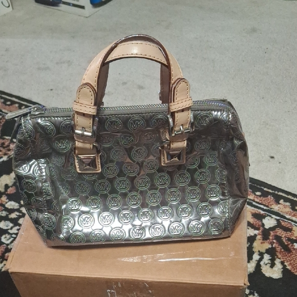Michael Kors Metallic Silver and Tan Satchel - Picture 1 of 1